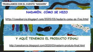 TRABAJAMOS CON EL CUENTO “NADARÍN”
NADARÍN. CÓMO SE HIZO
http://ceeabarcia.blogspot.com/2020/03/nadarin-como-se-fixo.html
Y AQUÍ TENEMOS EL PRODUCTO FINAL!
http://ceeabarcia.blogspot.com/2020/03/nadarin-produto-final.html
 