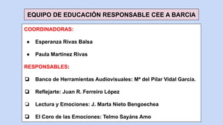 EQUIPO DE EDUCACIÓN RESPONSABLE CEE A BARCIA
COORDINADORAS:
● Esperanza Rivas Balsa
● Paula Martínez Rivas
RESPONSABLES:
❏ Banco de Herramientas Audiovisuales: Mª del Pilar Vidal García.
❏ Reflejarte: Juan R. Ferreiro López
❏ Lectura y Emociones: J. Marta Nieto Bengoechea
❏ El Coro de las Emociones: Telmo Sayáns Amo
 