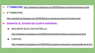 ➔ 1º TRIMESTRE: http://ceeabarcia.blogspot.com/2020/05/banco-de-ferramentas-er.html
➔ 2º TRIMESTRE:
http://ceeabarcia.blogspot.com/2020/05/banco-de-ferramentas-2-trimestre.html
➔ DURANTE EL ESTADO DE ALERTA SANITARIA:
◆ BAILAMOS BAJO UNA ESTRELLA:
http://ceeabarcia.blogspot.com/2020/04/estimadas-familias-o-programa-de.html
◆ CARITAS:
http://ceeabarcia.blogspot.com/2020/05/el-programa-educacion-responsable-de-la.htm
 
