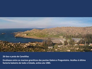 26-Seo e praia de Caneliñas
Encáixase entre os macizos graníticos das puntas Galera e Preguntoiro. Acolleu á última
factoría baleeira de todo o Estado, activa ata 1985.
 