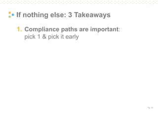 Pg. 10
If nothing else: 3 Takeaways
1. Compliance paths are important:
pick 1 & pick it early
 