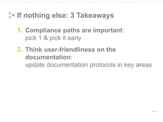 Pg. 11
If nothing else: 3 Takeaways
1. Compliance paths are important:
pick 1 & pick it early
2. Think user-friendliness on the
documentation:
update documentation protocols in key areas
 