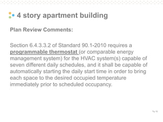 Pg. 53
4 story apartment building
Plan Review Comments:
Section 6.4.3.3.2 of Standard 90.1-2010 requires a
programmable thermostat (or comparable energy
management system) for the HVAC system(s) capable of
seven different daily schedules, and it shall be capable of
automatically starting the daily start time in order to bring
each space to the desired occupied temperature
immediately prior to scheduled occupancy.
 