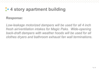 Pg. 59
4 story apartment building
Response:
Low-leakage motorized dampers will be used for all 4 inch
fresh air/ventilation intakes for Magic Paks. Wide-opening
back-draft dampers with weather hoods will be used for all
clothes dryers and bathroom exhaust fan wall terminations.
 