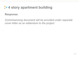 Pg. 61
4 story apartment building
Response:
Commissioning document will be provided under separate
cover letter as an addendum to the project.
 