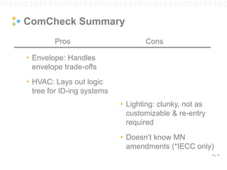 Pg. 70
ComCheck Summary
Pros Cons
• Envelope: Handles
envelope trade-offs
• HVAC: Lays out logic
tree for ID-ing systems
• Lighting: clunky, not as
customizable & re-entry
required
• Doesn’t know MN
amendments (*IECC only)
 