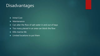 Disadvantages
 Initial Cost
 Maintenance
 Can alter the flow of salt water in and out of bays
 Too many placed in an area can block the flow
 Kills marine life
 Limited locations to put them
 