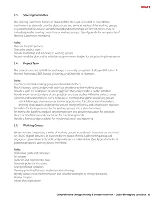 DRAFT

3.3     Steering Committee

The steering committee formed in Phase I of the EECS will be invited to extend their
involvement as stewards over the plan process and serve as leaders of the working groups.
As jurisdictional boundaries are determined and partnerships are formed, others may be
invited to join the steering committee or working groups. (See Appendix for complete list of
Steering Committee members.)

Roles:
Oversee the plan process
Direct the project team
Provide leadership and advocacy in working groups
Recommend the plan and its initiatives to government leaders for adoption/implementation

3.4     Project Team

The project team, led by Gulf Geoexchange, is currently comprised of Morgan Hill Sutton &
Mitchell Architects, CERT, Purdue University, and Chronicle of Numbers.

Roles:
Inventory potential working group members/stakeholders
Teach ‘strategic doing’ and provide technical assistance to the working groups
Provide a web 2.0 workspace for working groups that also provides a public interface
Provide expertise and analysis of best practices and case studies within the six focus areas
Convene and facilitate forums every 30-60 days --meetings that gather all working groups
    to link & leverage, share resources, look for opportunities for collaboration/innovation,
    growing local capacity and expertise around energy efficiency and conservation practices
Formalize the ideas generated by the working groups into a plan document
Set metrics for baseline, produce target projections and provide evaluation for initiatives
Structure GIS database and procedures for monitoring trends
Provide a format and procedures for regular evaluation and reporting

3.5     Working Groups

We recommend organizing a series of working groups around each focus area concentrated
on EECBG eligible activities, as outlined by the scope of work. Each working group will
engage an open network of public and private sector stakeholders. (See Appendix for list of
potential/proposed Working Group members.)

Roles:
Determine goals and principles
Set targets
Publicize and promote the plan
Generate potential initiatives
Select preferred initiatives
Develop prioritized/phased implementation strategy
Identify obstacles to implementation and describe strategies to remove obstacles
Review the plan
Advise the project team



                                     Comprehensive Energy Efficiency & Conservation Plan - City of Shreveport, Louisiana 13
 