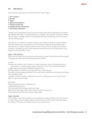DRAFT

4.0     Plan Process

The process for developing the CEECP will involve seven stages:

1. Plan Initiation
2. Baseline
3. Target
4. Opportunities/Options
5. Preferred Action Plan
6. Implementation & Evaluation
7. Plan Review & Adoption

‘Strategic doing’ will guide the work during each stage of the plan’s development. Participants
will organize themselves in working groups to accomplish a set of specific initiatives. And they
will use cycles of strategic doing to cross pollinate ideas, link, and leverage assets among the
various working groups.

This cycle of conversations is frequent, ongoing, and supports transparent accountability.
Participants leave each conversation with commitments, break off to accomplish tasks,
and reconvene to report and then determine the next set of tasks. Progress on individual
initiatives is regularly reported to their respective working group, and working Groups come
together every 30-60 days. (Fig. 7)

Stage 1. Plan Initiation
During the first stage, the groundwork will be laid for the plan. Stakeholders will be engaged
and organized. The process will be prepared and initiated.

Activities
Cultivate partnerships with institutions of higher education, state and neighboring local
    governments, as well as private sector industry and community based organizations
Engage steering committee established during Phase I
Describe/define timeframe and jurisdictional area covered by plan
Assemble working groups around each focus areas, led by members of the steering committee
Teach strategic doing
Use Web 2.0 tools to create a collaborative space for working groups and a public forum
Agree on goals and principles

Deliverables
Map of jurisdictional area covered by plan
Schedule for plan process
Training materials for strategic doing workshop
Web 2.0 site with public side and work space for focus area groups
Presentation/report describing goals and principles

Stage 2. Baseline
During Stage 2, data will be gathered and analyzed to provide a picture of our community’s
current energy use and carbon footprint. And projections will be made to describe where
we will be in the future if we follow a “business as usual” scenario.




                                       Comprehensive Energy Efficiency & Conservation Plan - City of Shreveport, Louisiana 15
 