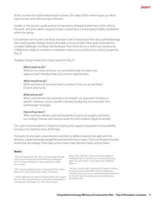 DRAFT

As the number of trusted relationships increases, the value of the network goes up. More
opportunities arise with stronger networks.

Leaders in this process guide positive conversations, delegate leadership to those doing
the work, and grow others’ capacity to lead. Leadership is a shared responsibility distributed
within the group.

Competitive communities are those that learn how to break down the silos and link/leverage
their assets quickly. Strategic doing will enable us to accomplish these goals and meet the
complex challenges and deep transformation that needs to occur within our community.
Collaboration leads to innovation. Innovation improves our productivity and our prosperity.
(Fig. 4)

Strategic Doing answers four major questions (Fig. 5):

           What could we do?
           What are our assets and how can we link/leverage to create new
           opportunities? Develop ideas and uncover opportunities.

           What should we do?
           What outcomes do we want most to achieve? How can we get there?
           Choose what to do.

           What will we do?
           What commitments are required to accomplish our outcomes? Embark on
           specific initiatives. Launch specific initiatives by aligning resources with “link
           and leverage” strategies.

           How will we learn?
           When and how will we come back together to assess our progress and revise
           our strategy? Execute and measure results for each initiative. Adjust as needed.

This cycle of conversations is frequent, ongoing, and supports transparent accountability.
Groups come together every 30-60 days.

The goal is to articulate a clear direction and then to define initiatives that align with this
direction. Leadership keeps people focused and the process open. Thick and trusted networks
evolve that are strategic. They help us learn faster, make decisions faster, and act faster.

Notes:
1
 Rose, Kalima and Julie Silas. 2001. Achieving Equity through     Borrup, Tom. 2006. The Creative Community Builder’s
Smart Growth: Perspectives from Philanthropy. PolicyLink          Handbook: How to Transform Communities Using Local
and The Funders’ Network for Smart Growth and Livable             Assets, Art, and Culture. St. Paul, Minnesota: Fieldstone
Communities.                                                      Alliance.

2002. Promoting Regional Equity. PolicyLink and The Funders’
                                                                  3
                                                                   McCann, John M. 2009. Leadership As Creativity: Finding
Network for Smart Growth and Livable Communities.                 the Opportunity Hidden Within Decision Making and
                                                                  Dialogue. Resources, Lessons Learned. National Endowment
2
 Jackson, Maria Rosario, Florence Kabwasa-Green, and Joaquin      for the Arts. http://arts.endow.gov/resources/Lessons/
Herranz. 2006. Cultural Vitality in Communities: Interpretation   MCCANN2.HTML
and Indicators. Washington, DC: The Urban Institute.




                                                   Comprehensive Energy Efficiency & Conservation Plan - City of Shreveport, Louisiana   9
 