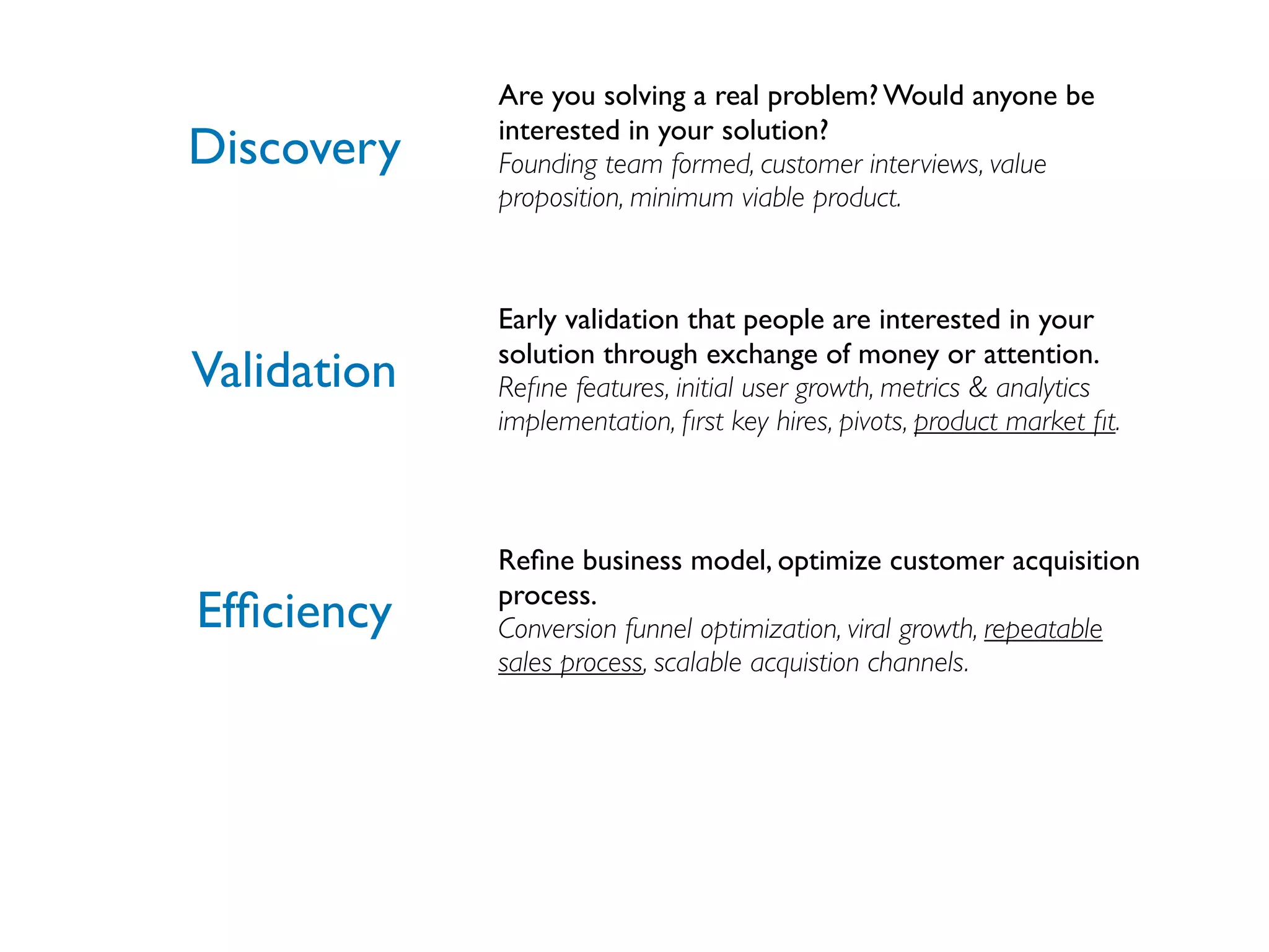 Are you solving a real problem? Would anyone be
             interested in your solution?
Discovery    Founding team formed, customer interviews, value
             proposition, minimum viable product.



             Early validation that people are interested in your
             solution through exchange of money or attention.
Validation   Reﬁne features, initial user growth, metrics & analytics
             implementation, ﬁrst key hires, pivots, product market ﬁt.



             Reﬁne business model, optimize customer acquisition
             process.
Efﬁciency    Conversion funnel optimization, viral growth, repeatable
             sales process, scalable acquistion channels.
 