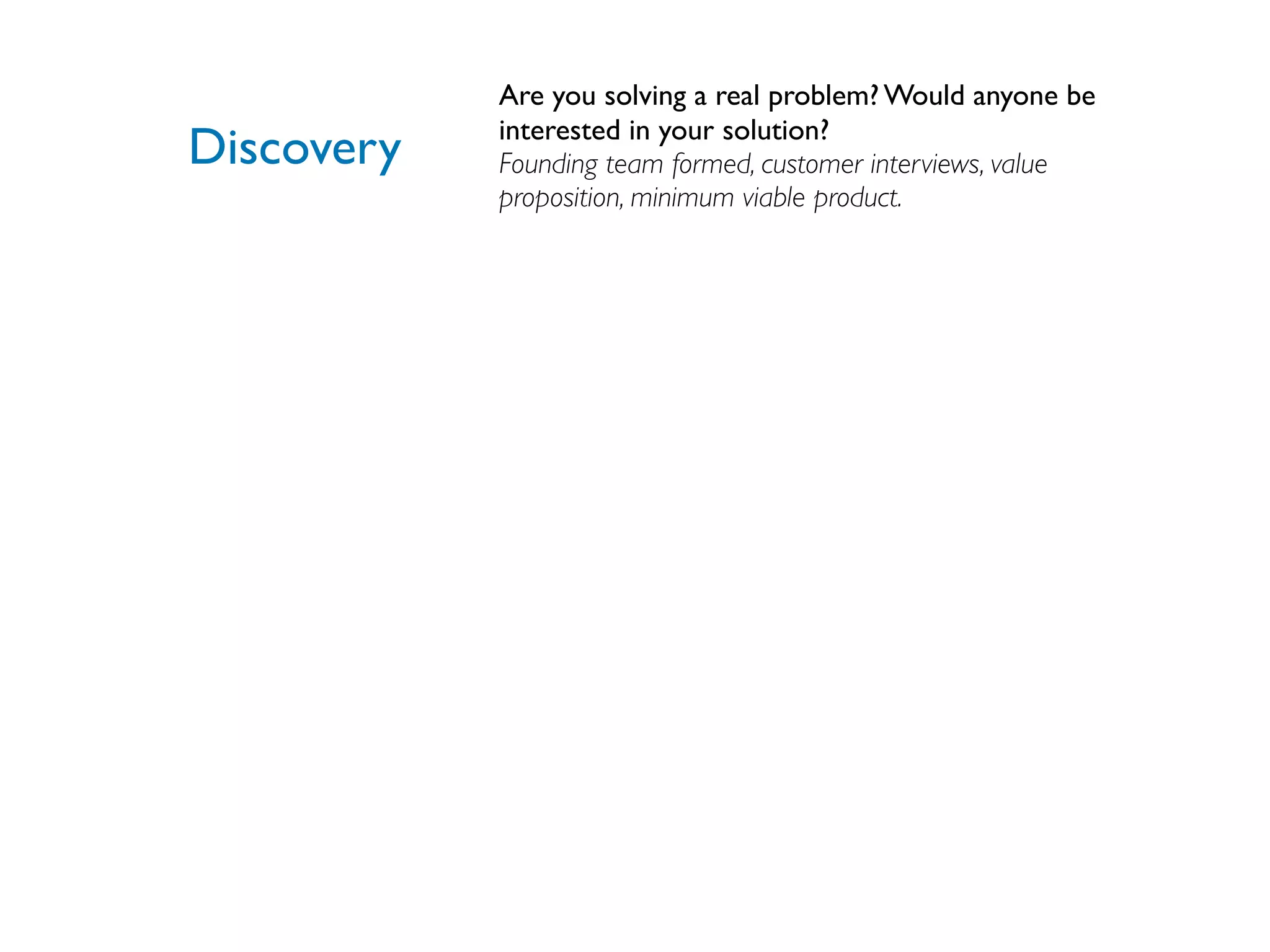 Are you solving a real problem? Would anyone be
            interested in your solution?
Discovery   Founding team formed, customer interviews, value
            proposition, minimum viable product.
 