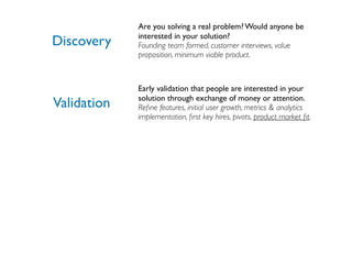 Are you solving a real problem? Would anyone be
             interested in your solution?
Discovery    Founding team formed, customer interviews, value
             proposition, minimum viable product.



             Early validation that people are interested in your
             solution through exchange of money or attention.
Validation   Reﬁne features, initial user growth, metrics & analytics
             implementation, ﬁrst key hires, pivots, product market ﬁt.
 