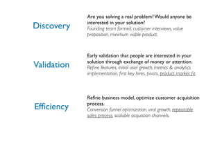 Are you solving a real problem? Would anyone be
             interested in your solution?
Discovery    Founding team formed, customer interviews, value
             proposition, minimum viable product.



             Early validation that people are interested in your
             solution through exchange of money or attention.
Validation   Reﬁne features, initial user growth, metrics & analytics
             implementation, ﬁrst key hires, pivots, product market ﬁt.



             Reﬁne business model, optimize customer acquisition
             process.
Efﬁciency    Conversion funnel optimization, viral growth, repeatable
             sales process, scalable acquistion channels.
 