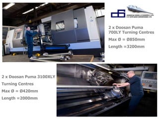 2 x Doosan Puma 
700LY Turning Centres 
Max Ø = Ø850mm 
Length =3200mm 
2 x Doosan Puma 3100XLY 
Turning Centres 
Max Ø = Ø420mm 
Length =2000mm 
 