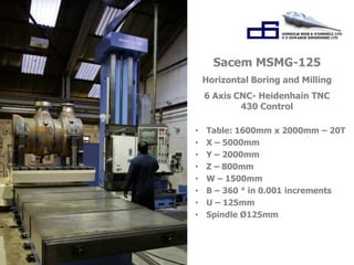 Sacem MSMG-125 
Horizontal Boring and Milling 
6 Axis CNC- Heidenhain TNC 
430 Control 
• Table: 1600mm x 2000mm – 20T 
• X – 5000mm 
• Y – 2000mm 
• Z – 800mm 
• W – 1500mm 
• B – 360 ° in 0.001 increments 
• U – 125mm 
• Spindle Ø125mm 
 