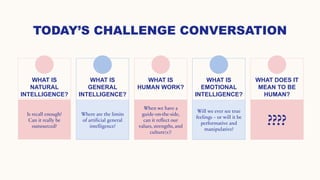 TODAY’S CHALLENGE CONVERSATION
WHAT IS
NATURAL
INTELLIGENCE?
Is recall enough?
Can it really be
outsourced?
WHAT IS
GENERAL
INTELLIGENCE?
Where are the limits
of artificial general
intelligence?
WHAT IS
HUMAN WORK?
When we have a
guide-on-the-side,
can it reflect our
values, strengths, and
culture(s)?
WHAT IS
EMOTIONAL
INTELLIGENCE?
Will we ever see true
feelings – or will it be
performative and
manipulative?
WHAT DOES IT
MEAN TO BE
HUMAN?
????
 