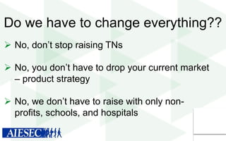 Do we have to change everything??
 No, don’t stop raising TNs
 No, you don’t have to drop your current market
– product strategy
 No, we don’t have to raise with only nonprofits, schools, and hospitals

 