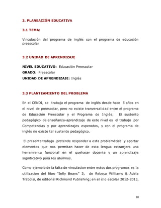 10
3. PLANEACIÓN EDUCATIVA
3.1 TEMA:
Vinculación del programa de inglés con el programa de educación
preescolar
3.2 UNIDAD DE APRENDIZAJE
NIVEL EDUCATIVO: Educación Preescolar
GRADO: Preescolar
UNIDAD DE APRENDIZAJE: Inglés
3.3 PLANTEAMIENTO DEL PROBLEMA
En el CENDI, se trabaja el programa de inglés desde hace 5 años en
el nivel de preescolar, pero no existe tranversalidad entre el programa
de Educación Preescolar y el Programa de Inglés; El sustento
pedagógico de enseñanza-aprendizaje de este nivel es el trabajo por
Competencias y por aprendizajes esperados, y con el programa de
inglés no existe tal sustento pedagógico.
El presente trabajo pretende responder a esta problemática y aportar
elementos que nos permitan hacer de esta lengua extranjera una
herramienta funcional en el quehacer docente y un aprendizaje
significativo para los alumnos.
Como ejemplo de la falta de vinculacion entre estos dos programas es la
utilizacion del libro “Jelly Beans” 3, de Rebeca Williams & Adela
Trabolsi, de editorial Richmond Publishing; en el cilo escolar 2012-2013,
 