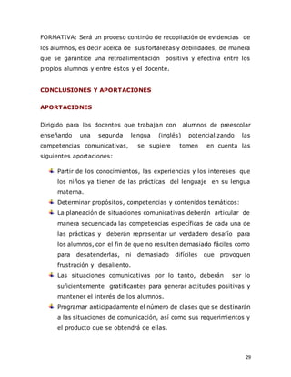 29
FORMATIVA: Será un proceso continúo de recopilación de evidencias de
los alumnos, es decir acerca de sus fortalezas y debilidades, de manera
que se garantice una retroalimentación positiva y efectiva entre los
propios alumnos y entre éstos y el docente.
CONCLUSIONES Y APORTACIONES
APORTACIONES
Dirigido para los docentes que trabajan con alumnos de preescolar
enseñando una segunda lengua (inglés) potencializando las
competencias comunicativas, se sugiere tomen en cuenta las
siguientes aportaciones:
Partir de los conocimientos, las experiencias y los intereses que
los niños ya tienen de las prácticas del lenguaje en su lengua
materna.
Determinar propósitos, competencias y contenidos temáticos:
La planeación de situaciones comunicativas deberán articular de
manera secuenciada las competencias específicas de cada una de
las prácticas y deberán representar un verdadero desafío para
los alumnos, con el fin de que no resulten demasiado fáciles como
para desatenderlas, ni demasiado difíciles que provoquen
frustración y desaliento.
Las situaciones comunicativas por lo tanto, deberán ser lo
suficientemente gratificantes para generar actitudes positivas y
mantener el interés de los alumnos.
Programar anticipadamente el número de clases que se destinarán
a las situaciones de comunicación, así como sus requerimientos y
el producto que se obtendrá de ellas.
 