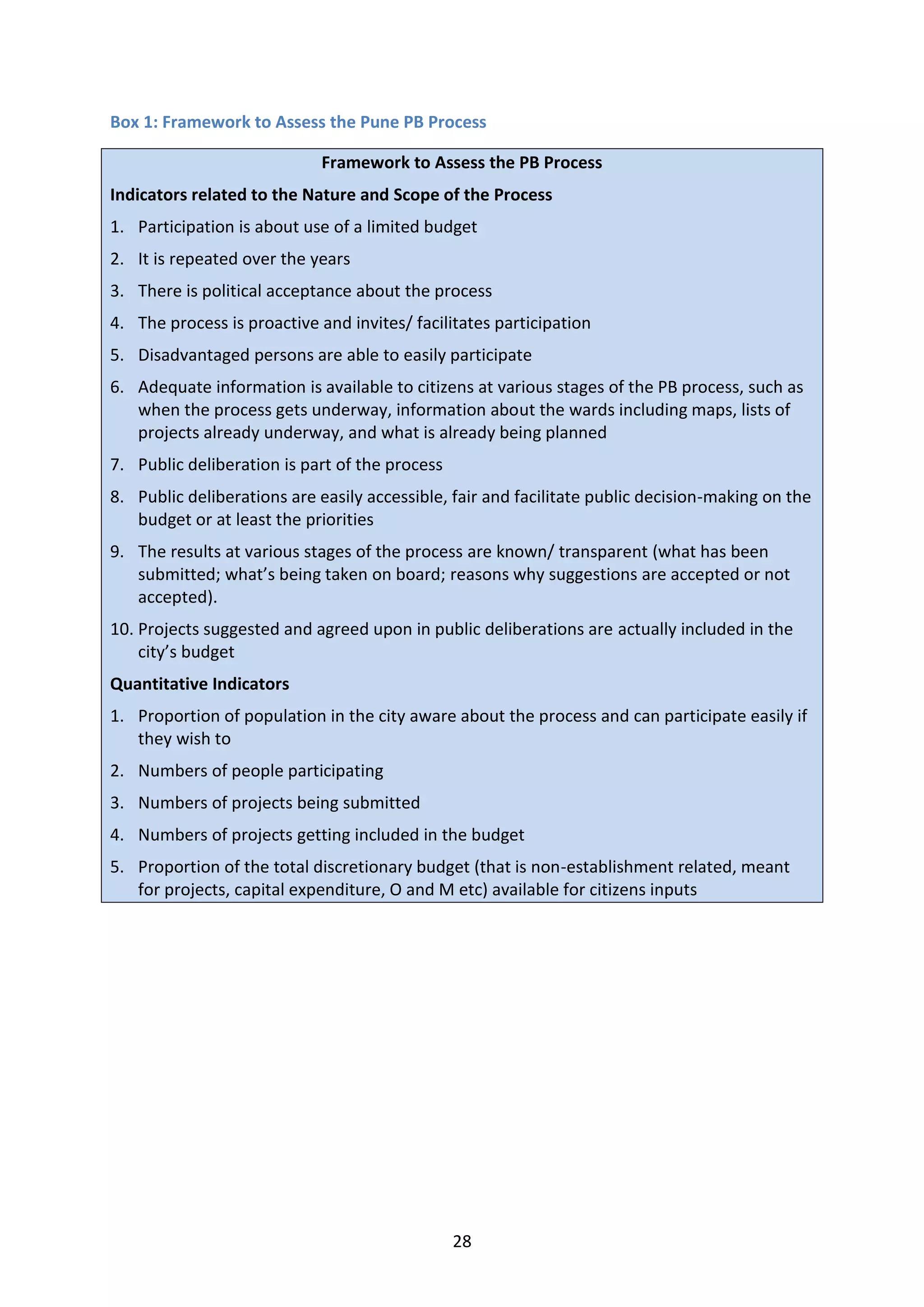 28
Box 1: Framework to Assess the Pune PB Process
Framework to Assess the PB Process
Indicators related to the Nature and Scope of the Process
1. Participation is about use of a limited budget
2. It is repeated over the years
3. There is political acceptance about the process
4. The process is proactive and invites/ facilitates participation
5. Disadvantaged persons are able to easily participate
6. Adequate information is available to citizens at various stages of the PB process, such as
when the process gets underway, information about the wards including maps, lists of
projects already underway, and what is already being planned
7. Public deliberation is part of the process
8. Public deliberations are easily accessible, fair and facilitate public decision-making on the
budget or at least the priorities
9. The results at various stages of the process are known/ transparent (what has been
submitted; what’s being taken on board; reasons why suggestions are accepted or not
accepted).
10. Projects suggested and agreed upon in public deliberations are actually included in the
city’s budget
Quantitative Indicators
1. Proportion of population in the city aware about the process and can participate easily if
they wish to
2. Numbers of people participating
3. Numbers of projects being submitted
4. Numbers of projects getting included in the budget
5. Proportion of the total discretionary budget (that is non-establishment related, meant
for projects, capital expenditure, O and M etc) available for citizens inputs
 
