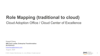 1
Enterprise
Transformation
Architecture
August, 2020
Role Mapping (traditional to cloud)
© 2019, Amazon Web Services, Inc. or its Affiliates. All rights reserved.
Cloud Adoption Office / Cloud Center of Excellence
Howard Cheng
WW Tech Leader, Enterprise Transformation
Architecture
howcheng@amazon.com
 