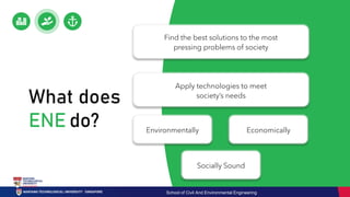 Find the best solutions to the most
pressing problems of society
Apply technologies to meet
society’s needs
What does
ENE do? Environmentally Economically
Socially Sound
School of Civil And Environmental Engineering
 