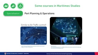Specialisation Port Planning & Operations
http://www.cm-
soms.com/uploads/2/72/CF4.2.1%20Next%20Generation%20Vessel%20Traffic%20Manage
ment%20Services%20(Singapore).pdf
https://www.psychologicalscience.org/news/releases/snooze-control-
fatigue-air-traffic-and-safety.html
Similar to Air Traffic control!
Some courses in Maritimes Studies
School of Civil And Environmental Engineering
 