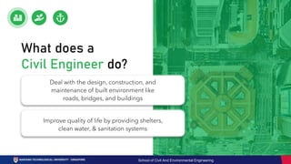 What does a
Civil Engineer do?
Deal with the design, construction, and
maintenance of built environment like
roads, bridges, and buildings
Improve quality of life by providing shelters,
clean water, & sanitation systems
School of Civil And Environmental Engineering
 
