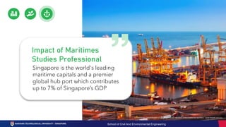 Singapore is the world's leading
maritime capitals and a premier
global hub port which contributes
up to 7% of Singapore’s GDP
Impact of Maritimes
Studies Professional
<a href="https://www.freepik.com/photos/business">Business photo created by bearfotos - www.freepik.com</a>
School of Civil And Environmental Engineering
 