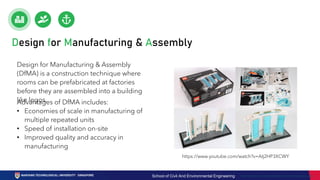 Design for Manufacturing & Assembly
https://www.youtube.com/watch?v=AIj2HP3XCWY
https://brickset.com/article/8966/review-21021-marina-bay-sands
Advantages of DfMA includes:
• Economies of scale in manufacturing of
multiple repeated units
• Speed of installation on-site
• Improved quality and accuracy in
manufacturing
Design for Manufacturing & Assembly
(DfMA) is a construction technique where
rooms can be prefabricated at factories
before they are assembled into a building
like legos.
School of Civil And Environmental Engineering
 