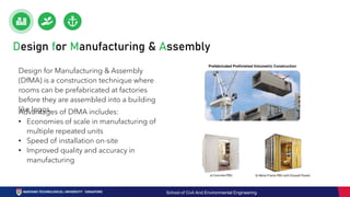 Prefabricated Prefinished Volumetric Construction
Design for Manufacturing & Assembly
Advantages of DfMA includes:
• Economies of scale in manufacturing of
multiple repeated units
• Speed of installation on-site
• Improved quality and accuracy in
manufacturing
Design for Manufacturing & Assembly
(DfMA) is a construction technique where
rooms can be prefabricated at factories
before they are assembled into a building
like legos.
School of Civil And Environmental Engineering
 