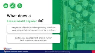 What does a
Environmental Engineer do?
Integration of science and engineering principles
to develop solutions for environmental problems
Sustainable development, protect human
health and nature’s ecosystem
School of Civil And Environmental Engineering
 