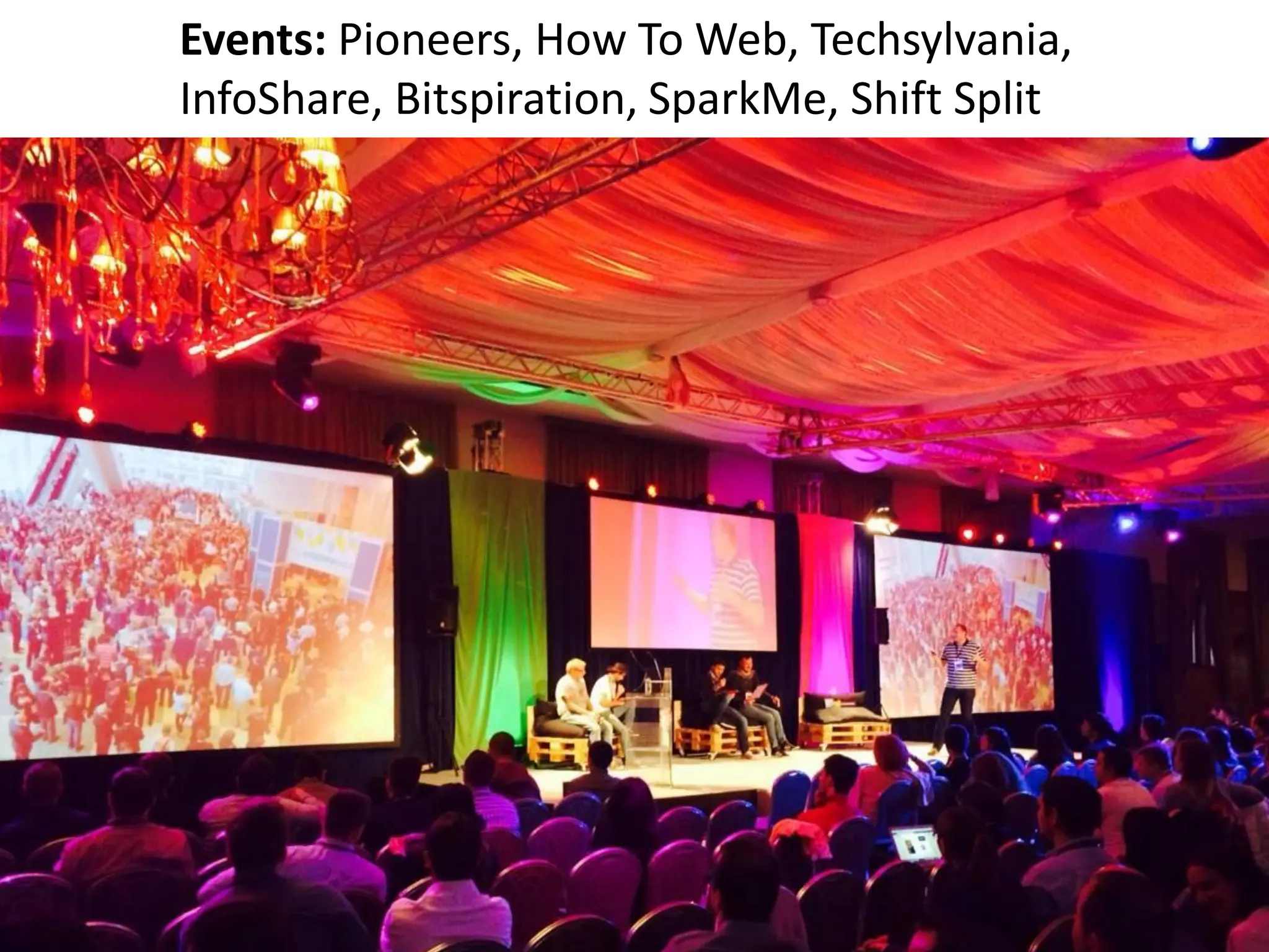 Events: Pioneers, How To Web, Techsylvania,
InfoShare, Bitspiration, SparkMe, Shift Split