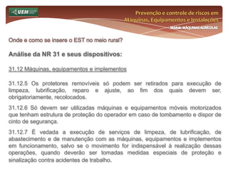 Prevenção e controle de riscos em Máquinas, Equipamentos e InstalaçõesMódulo MÁQUINAS AGRÍCOLASOnde e como se insere o EST no meio rural? Análise da NR 31 e seus dispositivos:31.6 Serviço Especializado em Segurança e Saúde no Trabalho Rural - SESTR 31.6.9 Do SESTR Coletivo 31.6.9.1 Os empregadores rurais ou equiparados, que sejam obrigados a constituir SESTR Próprio ou Externo, poderão optar pelo SESTR Coletivo, desde que estabelecido em acordos ou convenções coletivos de trabalho e se configure uma das seguintes situações: c) vários estabelecimentos sob controle acionário de um mesmo grupo econômico, que distem entre si menos de cem quilômetros; d) consórcio de empregadores e cooperativas de produção. 
