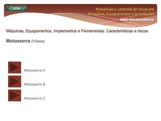 Prevenção e controle de riscos em Máquinas, Equipamentos e InstalaçõesMódulo MÁQUINAS AGRÍCOLASMáquinas, Equipamentos, Implementos e Ferramentas: Características e riscos Tratores (Recomendações de Segurança)Motor e ambiente fechadoUso indevido da coluna C do Hidráulico