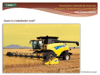 Prevenção e controle de riscos em Máquinas, Equipamentos e InstalaçõesMódulo MÁQUINAS AGRÍCOLASDinâmica de Apresentação e Diagnóstico Inicial: Instruções:Escreva na tarjeta que você acabou de receber um risco ao qual o trabalhador rural está sujeito em sua prática laboral. Escreva o primeiro risco que vier à cabeça. Use poucas palavras e tente escrever de modo que o seu colega não veja o que você está escrevendo;Reserve esta tarjeta e aguarde a próxima instrução do Professor;