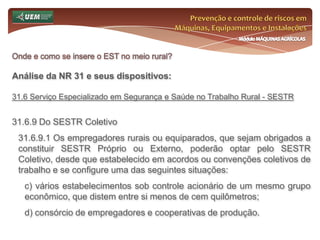 Prevenção e controle de riscos em Máquinas, Equipamentos e InstalaçõesMódulo MÁQUINAS AGRÍCOLASEvitando acidentesTer consciência de que todo o trabalho envolve riscos e que os acidentes não são obra do acaso