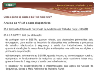 Prevenção e controle de riscos em Máquinas, Equipamentos e InstalaçõesMódulo MÁQUINAS AGRÍCOLASOnde e como se insere o EST no meio rural? Análise da NR 31 e seus dispositivos:31.3.3 Cabe ao empregador rural ou equiparado:31.3.3.1 Responderão solidariamente pela aplicação desta Norma Regulamentadora as empresas, empregadores, cooperativas de produção ou parceiros rurais que se congreguem para desenvolver tarefas, ou que constituam grupo econômico. 31.3.3.2 Sempre que haja dois ou mais empregadores rurais ou trabalhadores autônomos que exerçam suas atividades em um mesmo local, estes deverão colaborar na aplicação das prescrições sobre segurança e saúde. 