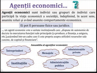 ..., un agent economic este o unitate instituţională care „dispune de autonomie de
decizie în executarea funcţiei sale principale (a produce, a finanţa, a asigura,
etc.),acţionând într-un cadru care îi este propriu asupra utilizării resurselor sale
curente, de capital şi financiare”.
Agenţii economici sunt indivizi sau grupuri de indivizi care
participă la viaţa economică a societăţii, îndeplinind, în acest sens,
anumite roluri şi având anumite comportamente economice.
Ei pot fi persoane fizice sau juridice.
Ansamblu al agenţilor economici
Întreprinderi
Administrațiile
private
Administrațiile
publice
Menajele
Instituțiile
 