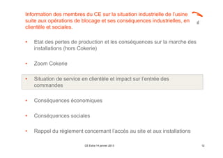Information des membres du CE sur la situation industrielle de l’usine
suite aux opérations de blocage et ses conséquences industrielles, en
clientèle et sociales.

•   Etat des pertes de production et les conséquences sur la marche des
    installations (hors Cokerie)

•   Zoom Cokerie

•   Situation de service en clientèle et impact sur l’entrée des
    commandes

•   Conséquences économiques

•   Conséquences sociales

•   Rappel du règlement concernant l’accès au site et aux installations

                          CE Extra 14 janvier 2013                        12
 