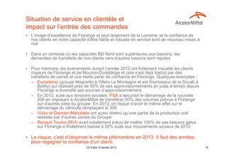 Situation de service en clientèle et
impact sur l’entrée des commandes
• L’image d’excellence de Florange et plus largement de la Lorraine, et la confiance de
  nos clients en notre capacité d’être fiable et robuste en service sont de nouveau mises à
  mal

• Dans un contexte où les capacités BD Nord sont supérieures aux besoins, les
  demandes de transferts de nos clients vers d’autres bassins sont rapides

• Pour mémoire, les événements durant l’année 2012 ont fortement inquiété les clients
  majeurs de Florange et de Mouzon/Dudelange et cela s’est déjà traduit par des
  transferts de carnet et une réelle perte de confiance en Florange. Quelques exemples :
  – Eurostamp (groupe Magnetto à Villers La Montagne et est fournisseur de la Sovab à
      Batilly) qui réalisait près de 90% de ses approvisionnements en juste à temps depuis
      Florange a diversifié ses sources d’approvisionnement,
  – En 2012, suite aux tensions sociales, PSA a sécurisé le démarrage de la nouvelle
      208 en imposant à ArcelorMittal de transférer 50% des volumes prévus à Florange
      sur d’autres sites du groupe. En 2013, on risque d’avoir le même effet sur le
      démarrage du véhicule remplaçant la 308
  – Volvo et Daimler-Mercédès ont aussi obtenu qu’une partie de la production soit
      réalisée par d’autres usines du Groupe
  – Renault Trucks (RVI) avait initialement prévu de mettre 100% de ses besoins galva
      sur Florange a finalement baissé à 50% suite aux mouvements sociaux de 2012

• Le risque, c’est d’observer le même phénomène en 2013. Il faut des années
  pour regagner la confiance d’un client.
                               CE Extra 14 janvier 2013                                       15
 