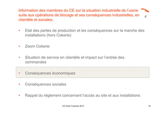 Information des membres du CE sur la situation industrielle de l’usine
suite aux opérations de blocage et ses conséquences industrielles, en
clientèle et sociales.

•   Etat des pertes de production et les conséquences sur la marche des
    installations (hors Cokerie)

•   Zoom Cokerie

•   Situation de service en clientèle et impact sur l’entrée des
    commandes

•   Conséquences économiques

•   Conséquences sociales

•   Rappel du règlement concernant l’accès au site et aux installations

                          CE Extra 14 janvier 2013                        16
 