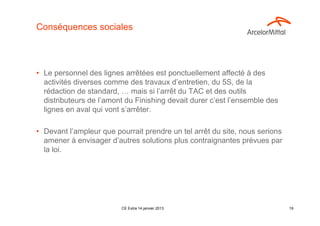Conséquences sociales



• Le personnel des lignes arrêtées est ponctuellement affecté à des
  activités diverses comme des travaux d’entretien, du 5S, de la
  rédaction de standard, … mais si l’arrêt du TAC et des outils
  distributeurs de l’amont du Finishing devait durer c’est l’ensemble des
  lignes en aval qui vont s’arrêter.

• Devant l’ampleur que pourrait prendre un tel arrêt du site, nous serions
  amener à envisager d’autres solutions plus contraignantes prévues par
  la loi.




                         CE Extra 14 janvier 2013                            19
 