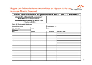 Rappel des fiches de demande de visites en vigueur sur le site
(exemple Grands Bureaux)
     Accueil visiteurs sur le site des grands bureaux ARCELORMITTAL FLORANGE
       Transmettre cette demande par mémo à :
           PCSURETE (fl.pcsurete@arcelor.com )
       pour les visites du lundi 06h00 au vendredi 22h00
              ( Téléphone 64-53 )
 Nom du demandeur/téléphone :
 Contact (s) sur le site:                                        N° de téléphone (s) :
 Date de la visite:               Heure:                         Durée :

 Visiteurs
 Nom                              Prénom                              Société (s)        Objet de la visite:




                                           CE Extra 14 janvier 2013                                            26
 