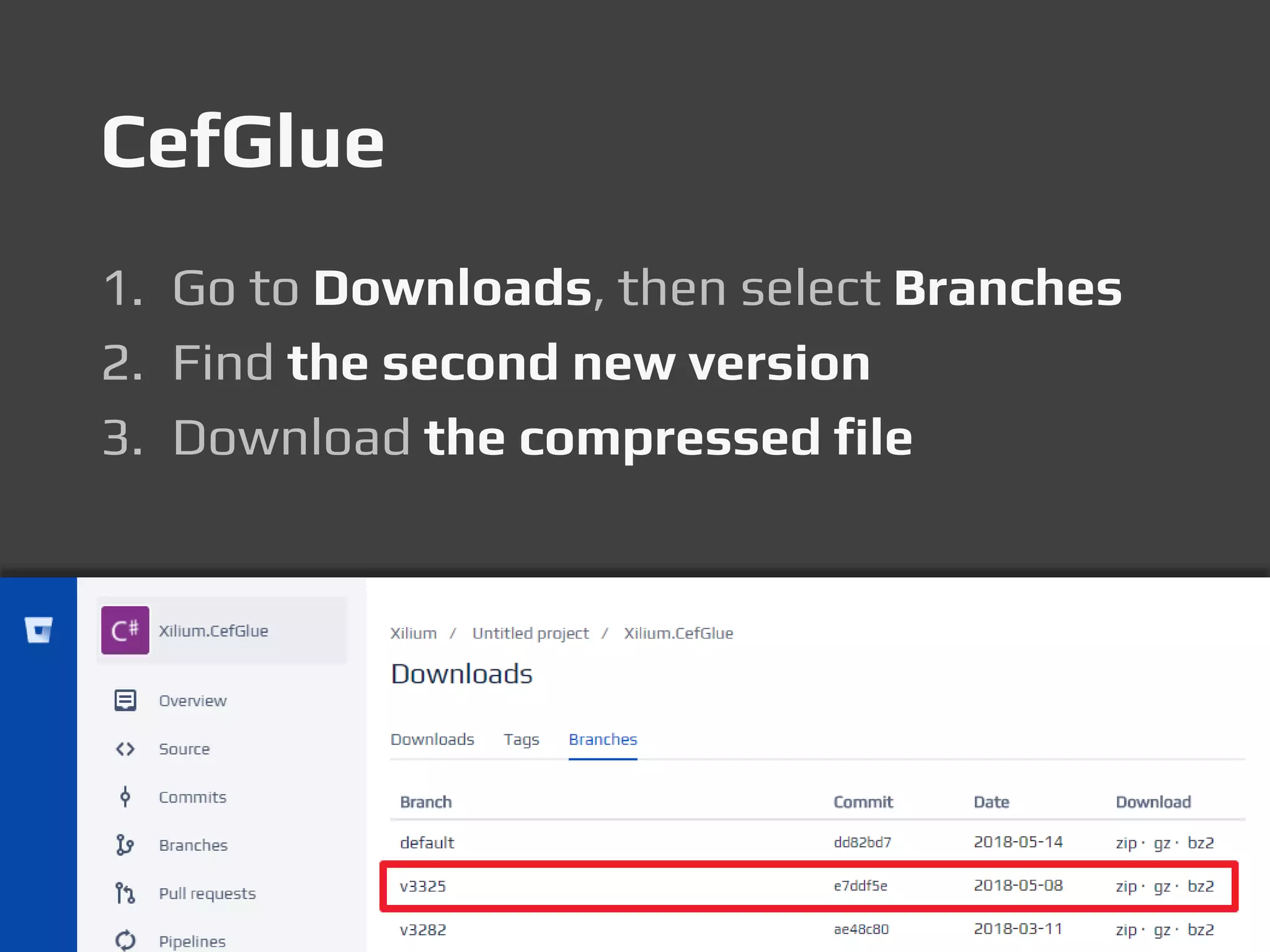 CefGlue
1. Go to Downloads, then select Branches
2. Find the second new version
3. Download the compressed file
 
