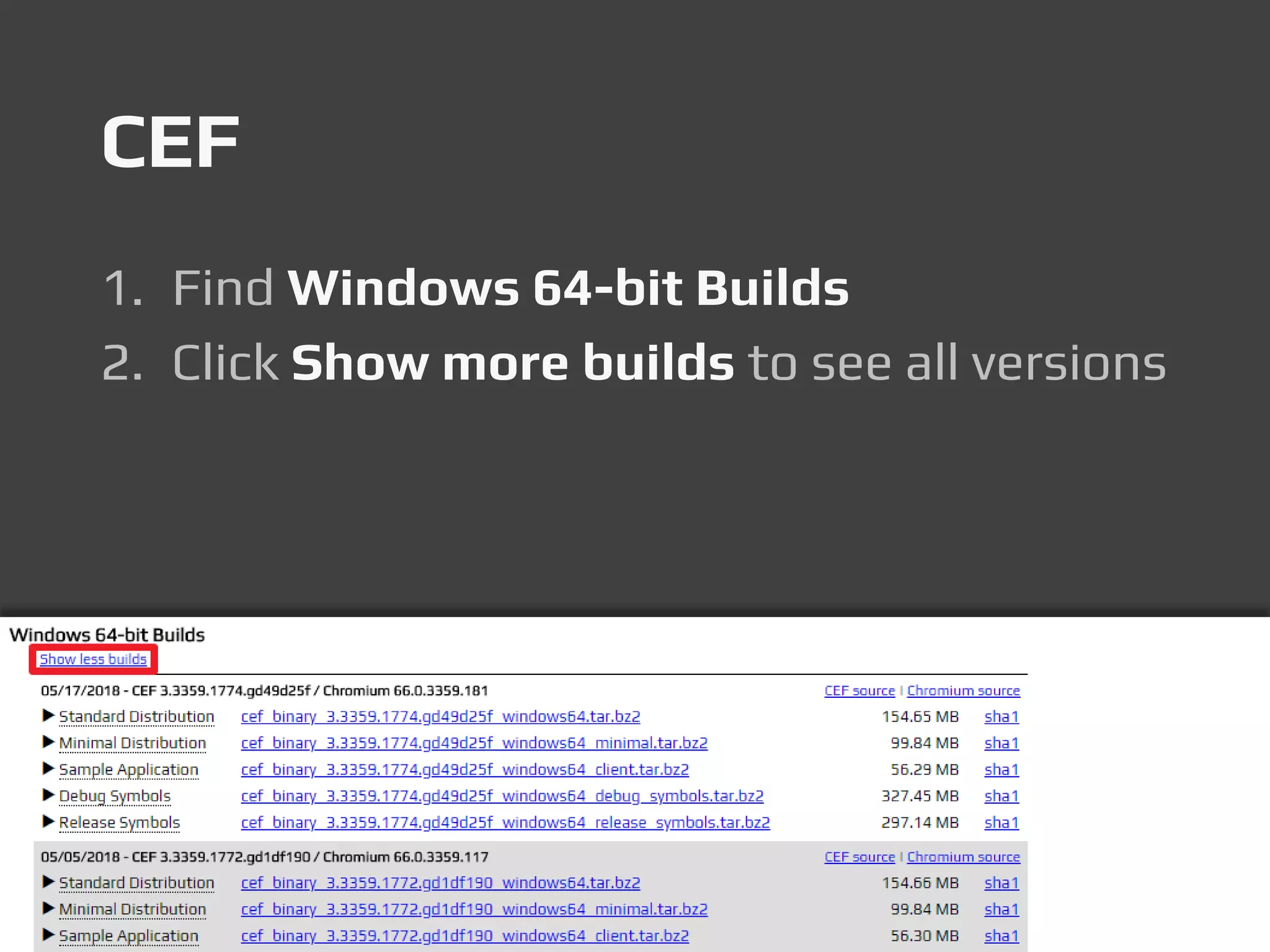 CEF
1. Find Windows 64-bit Builds
2. Click Show more builds to see all versions
 