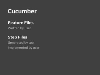 Cucumber
Feature Files
Written by user
Step Files
Generated by tool
Implemented by user
 