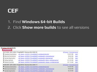 CEF
1. Find Windows 64-bit Builds
2. Click Show more builds to see all versions
 