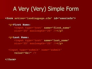 A Very (Very) Simple Form
<form action=“landingpage.cfm” id=“userinfo”>
<p>First Name:
<input type=“text” name=“first_name”
size=“25” maxlength=“25” /></p>
<p>Last Name:
<input type=“text” name=“last_name”
size=“25” maxlength=“25” /></p>
<input type=“submit” name=“submit”
value=“Go!” />
</form>
 